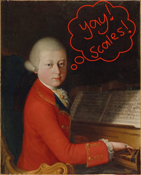 Image of a young Mozart with a thought bubble that says 'yay, scales!' Image courtesy Wikipedia.